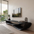 Curved Solid Wood Low TV Console with Open Center in Black finish