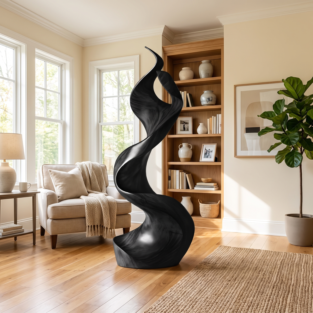 Large Solid Wood Abstract Sculpture with Flame-Inspired Curves in Black finish