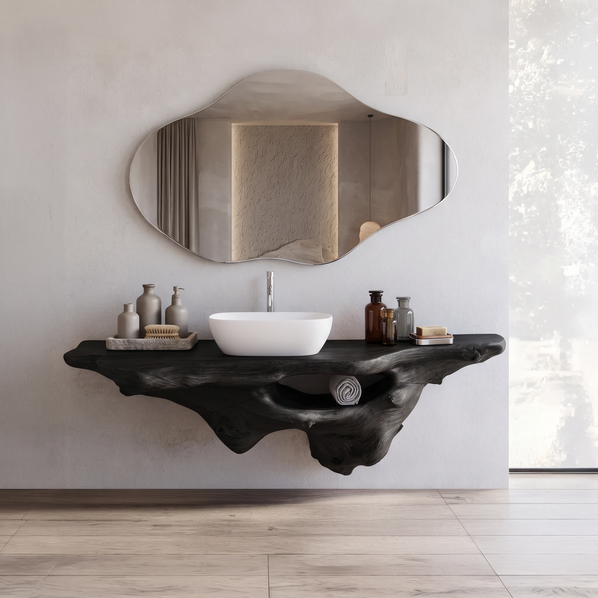 Solid Oak Live Edge Wall-Hung Bathroom Vanity Shelf, Farmhouse in Black finish