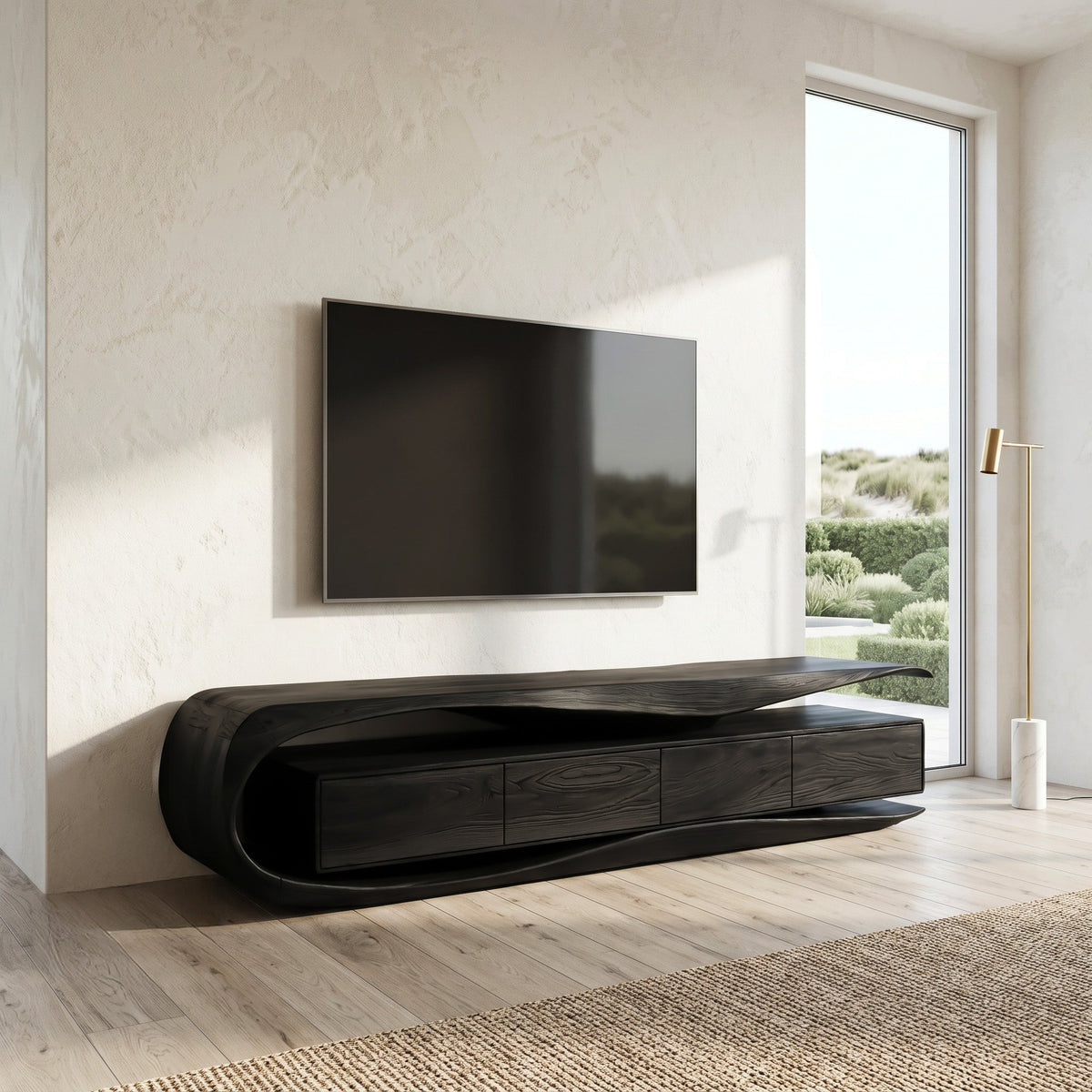 Organic Modern Solid Wood TV Console with Floating Look in Black finish