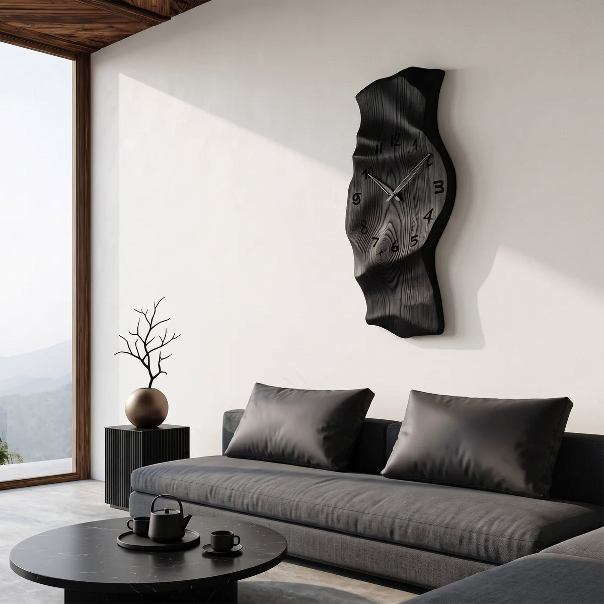 Vertical Solid Wood Sculptural Wall Clock with Organic Curves in Black finish