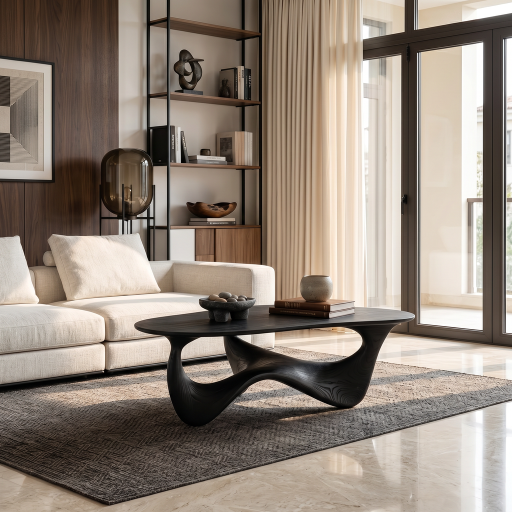 Rustic Solid Wood Low Coffee Table with Natural Grain in Black finish