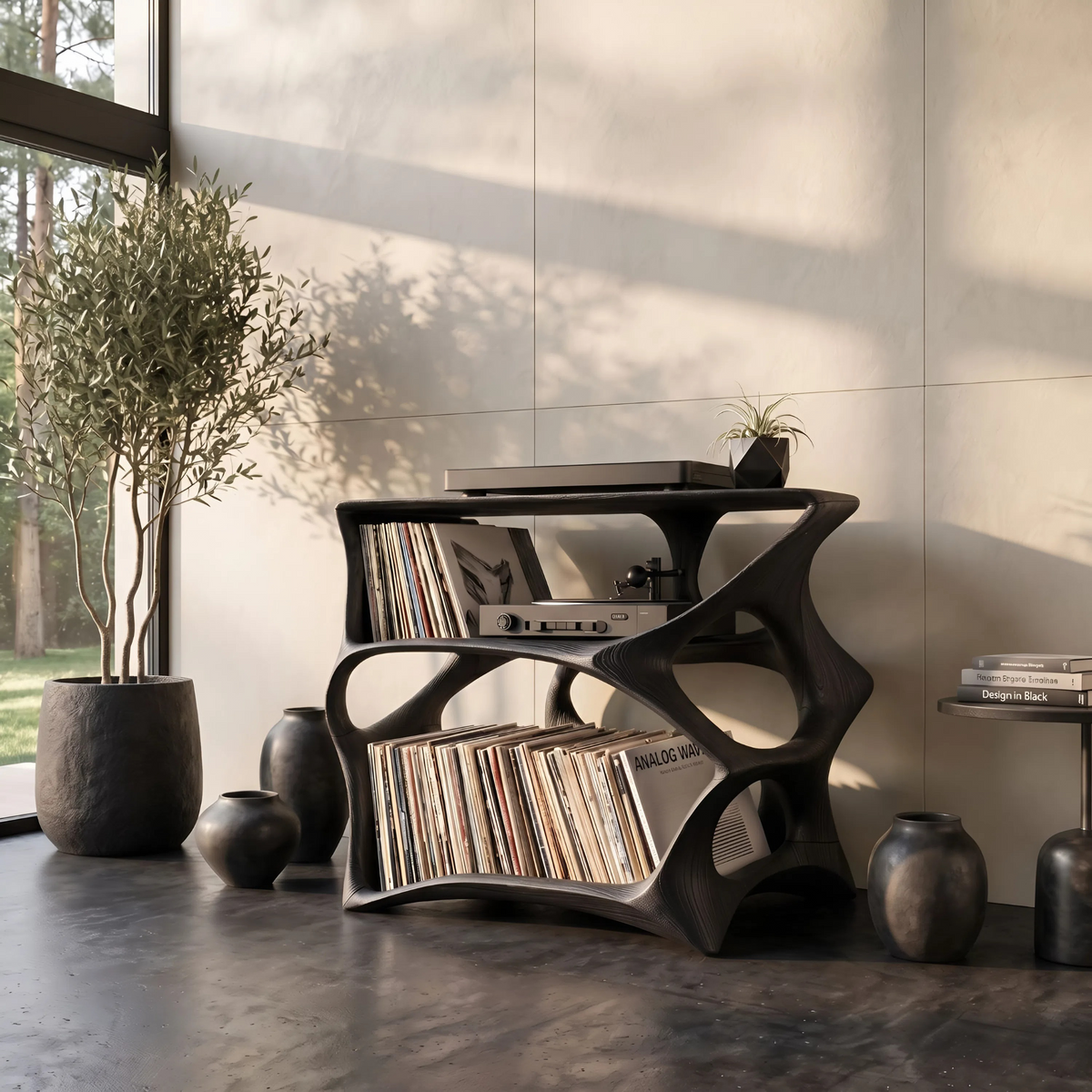 Farmhouse Natural Wood Record Stand for Cozy Living Rooms in Black finish
