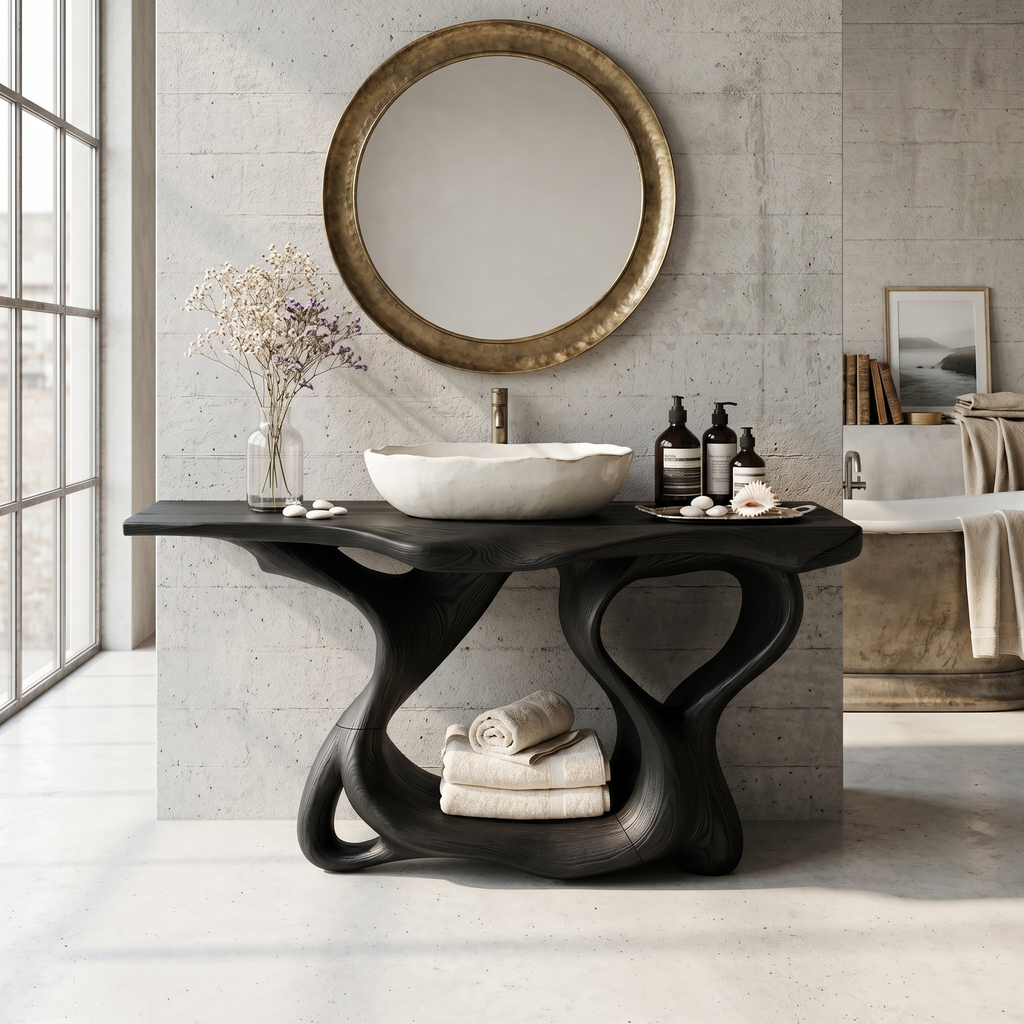 Rustic Solid Wood Bathroom Vanity with Waterproof PU Finish in Black finish
