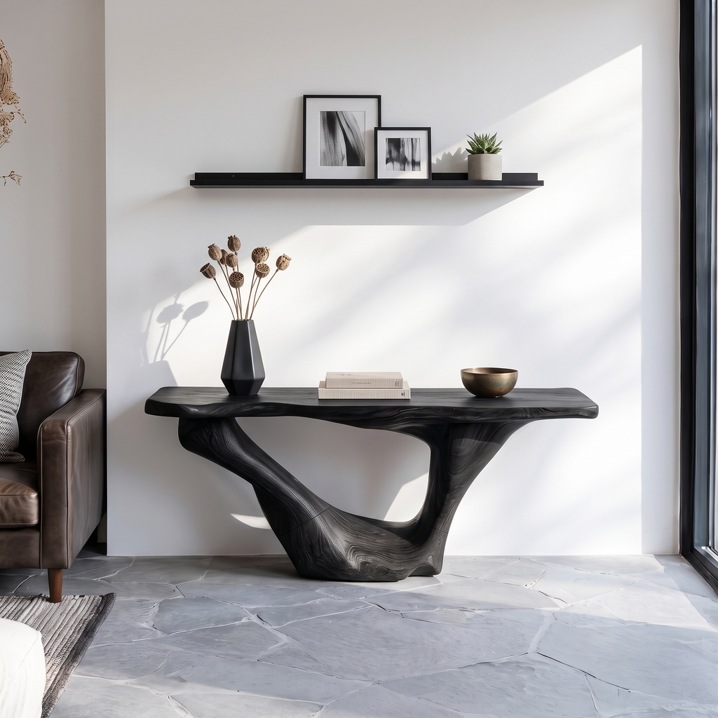 Mid-Century Solid Wood Console Accent Table with Natural Edges in Black finish