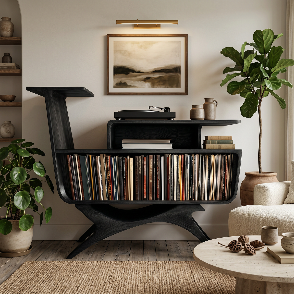 Modern Open Frame Solid Wood Record Player Stand with Vinyl Storage in Black finish