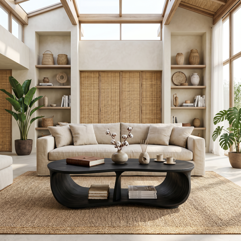 Low Profile Handcrafted Solid Wood Coffee Table, Classic Lines in Black finish