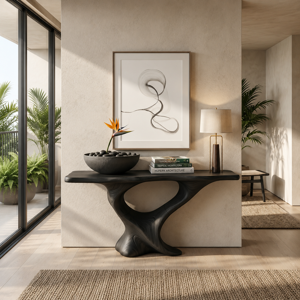 Farmhouse Solid Wood Console Table with Live Edge Details in Black finish
