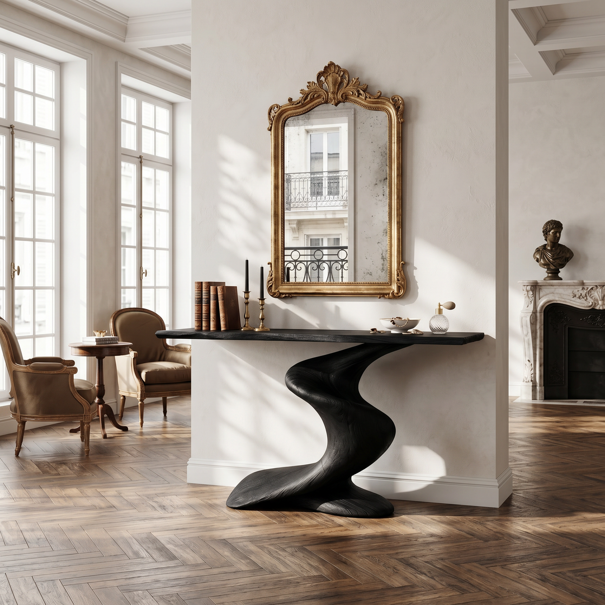 Handcrafted Solid Wood Console Table with Natural Knots and Grain in Black finish