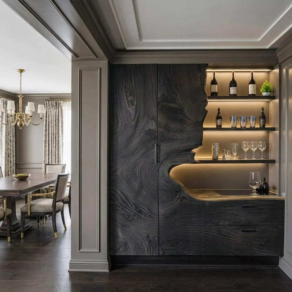 Carved Solid Wood Bar Cabinet with Wine Storage in Black finish