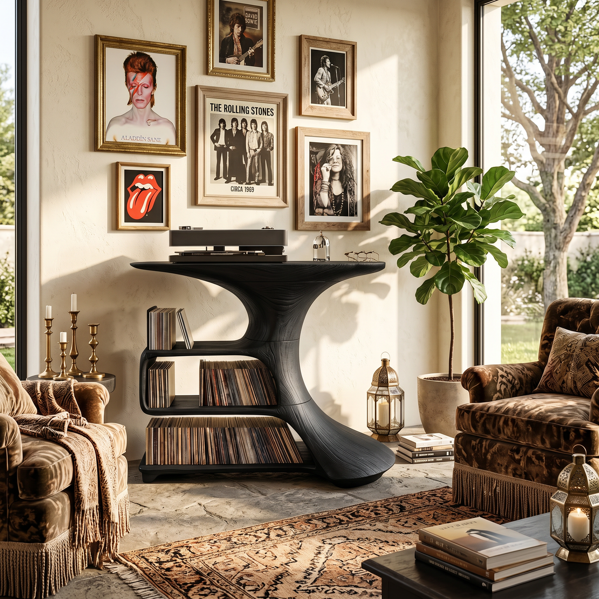 Mid-Century Hardwood Media Console and Record Stand for Bedroom in Black finish