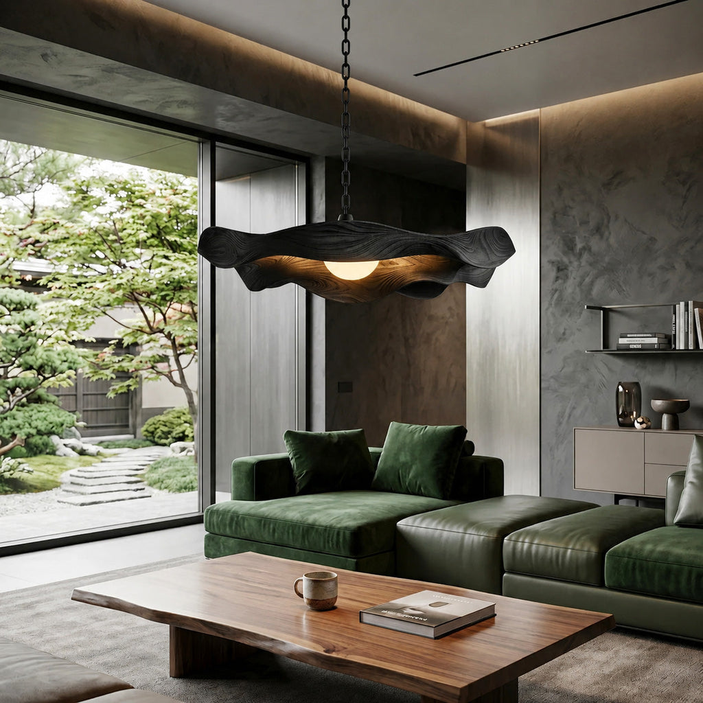 Modern Sculptural Solid Wood Pendant Light with Flowing Contours in Black finish