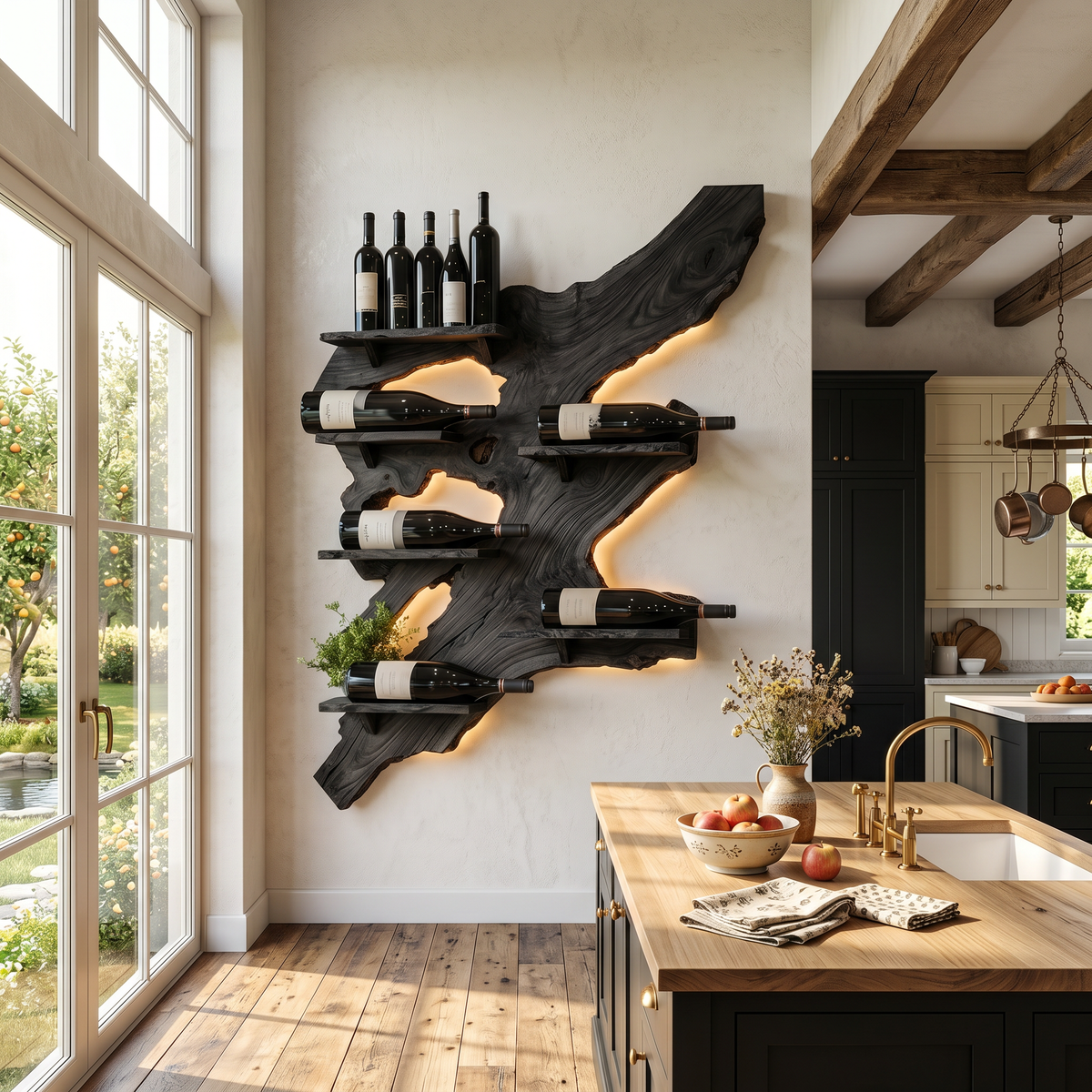 Rustic Monkey Pod Wood Wall Wine Rack for Home Bar in Black finish