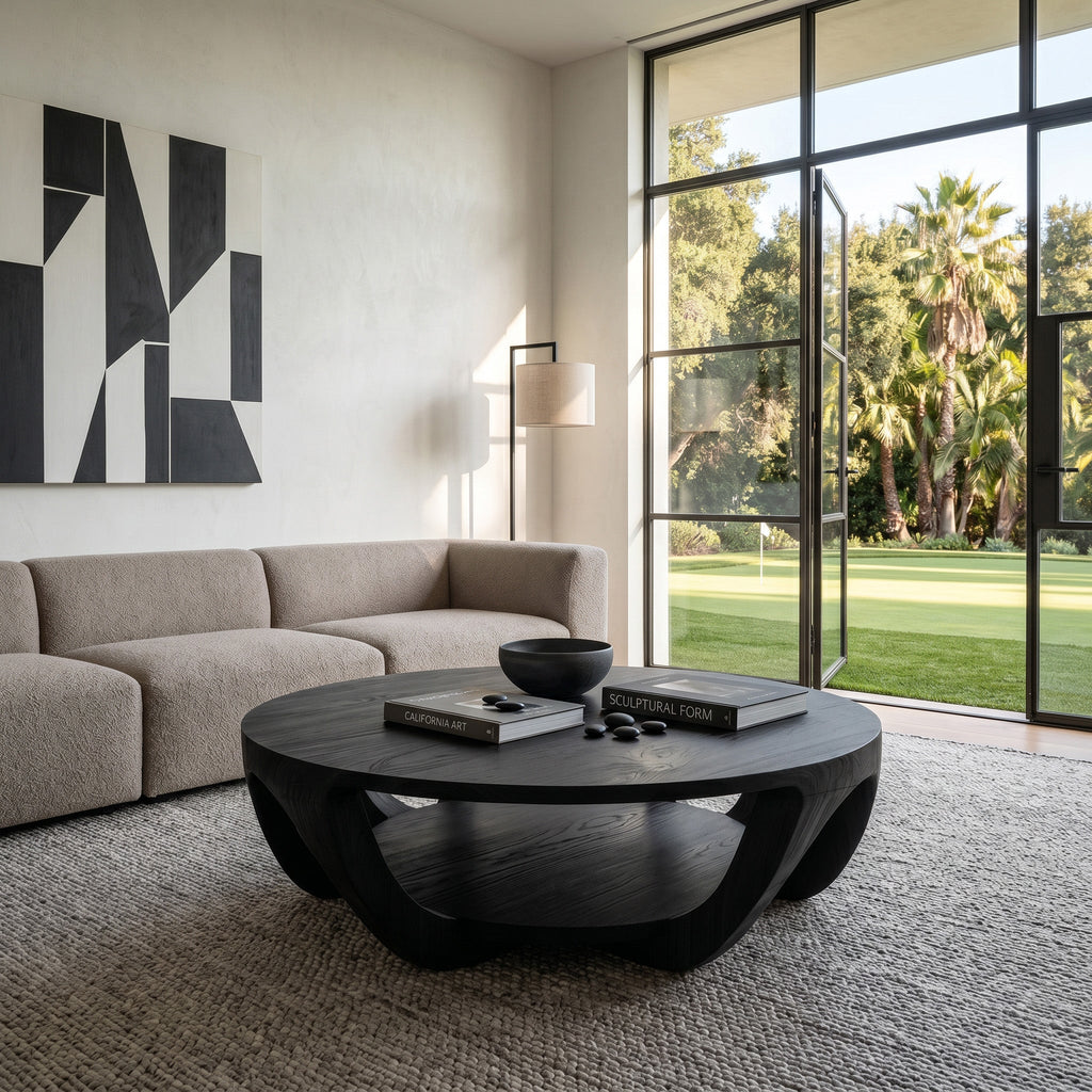 Round Solid Wood Coffee Table with Open Shelf Base in Black finish