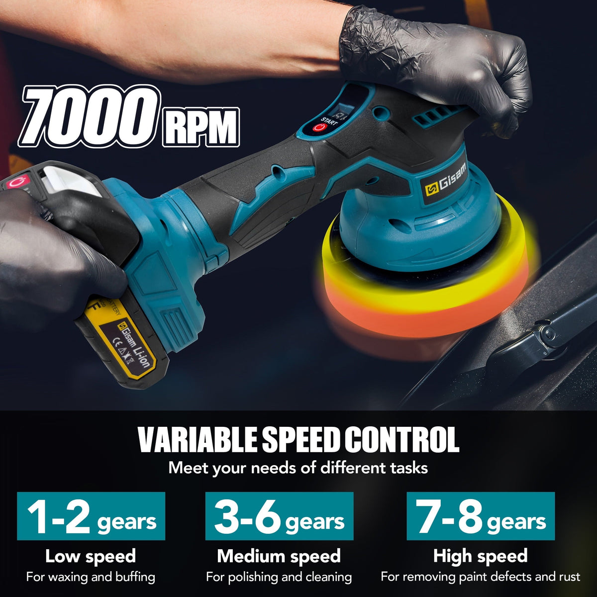 Gisam Cordless Car Buffer Polisher, 8 Variable Speed Auto Orbital Polishing Kit, with 2*21V 2.0Ah Battery for Car Wood