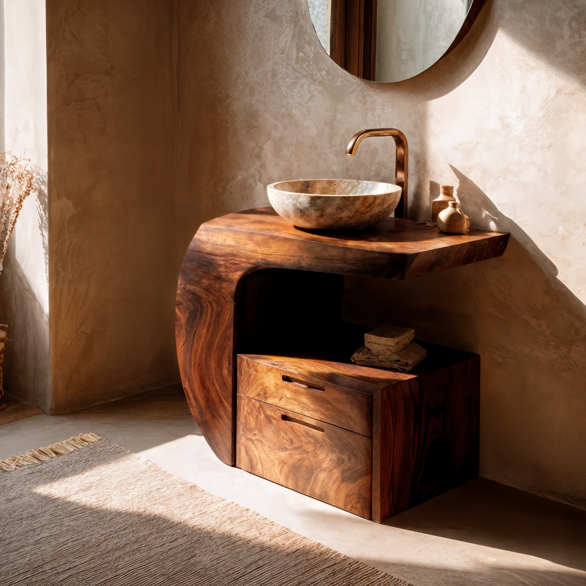 Modern Organic Wood Bathroom Vanity with Open Shelf Cabinet in Walnut finish