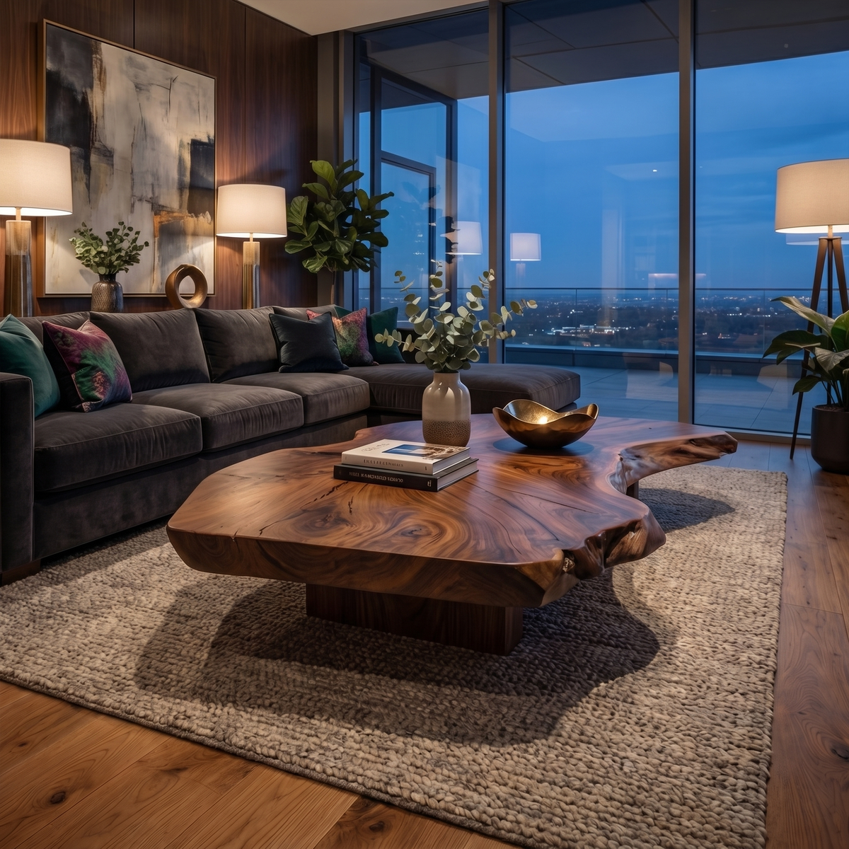Solid Wood Slab Coffee Table with Organic Freeform Edge in Walnut finish