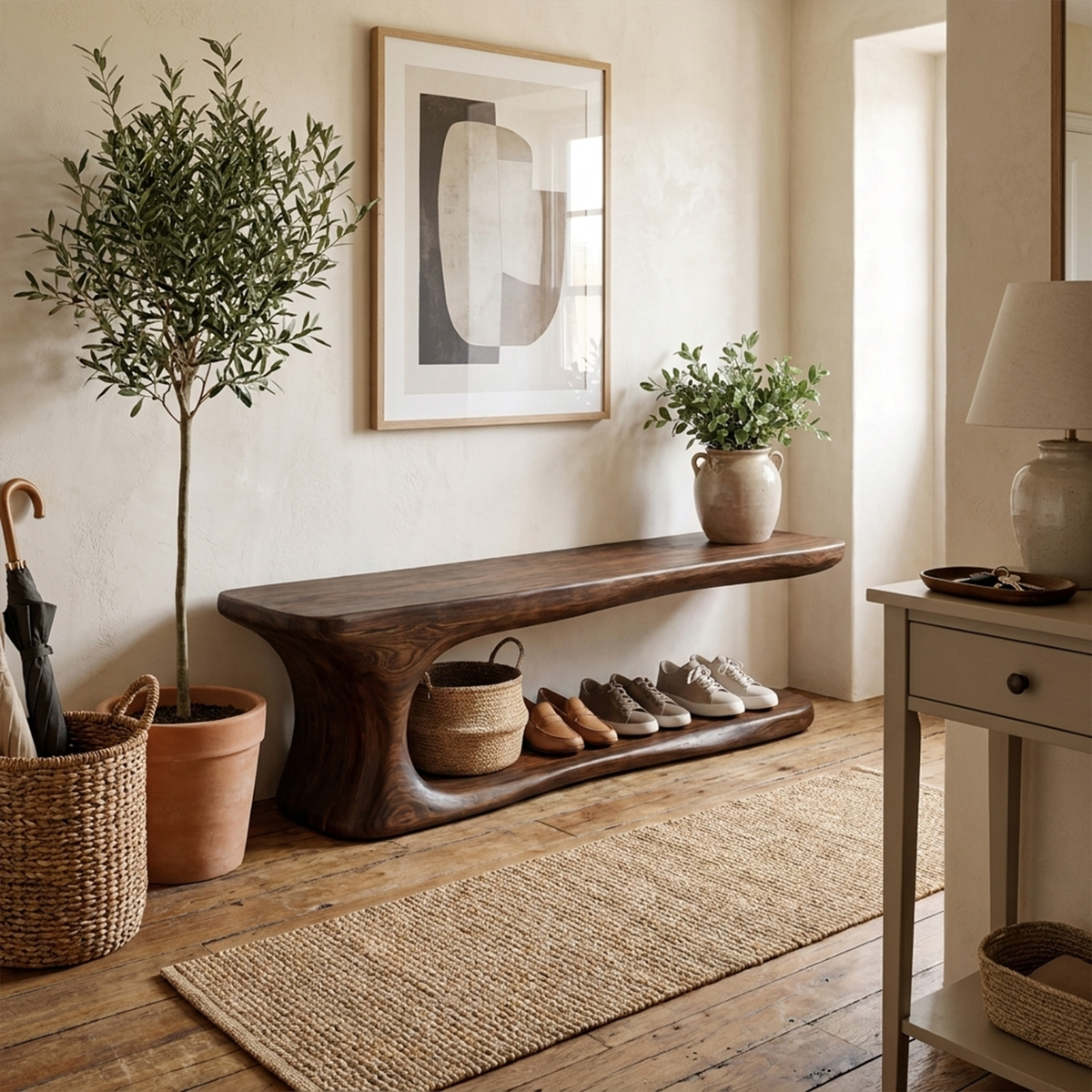 Rustic Live Edge Solid Wood Shoe Bench for Entryway in Walnut finish