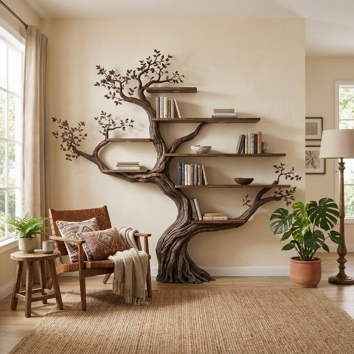 Modern Organic Tree Branch Bookshelf, Flowing Wall Feature in Walnut finish