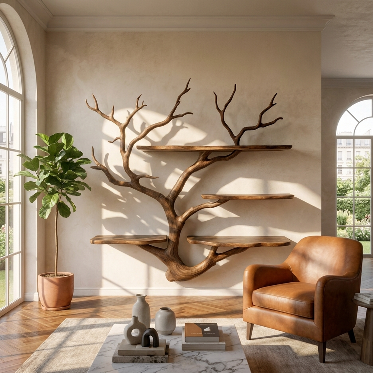 Sculptural Tree Branch Wall Shelf for Living Room and Studio in Walnut finish