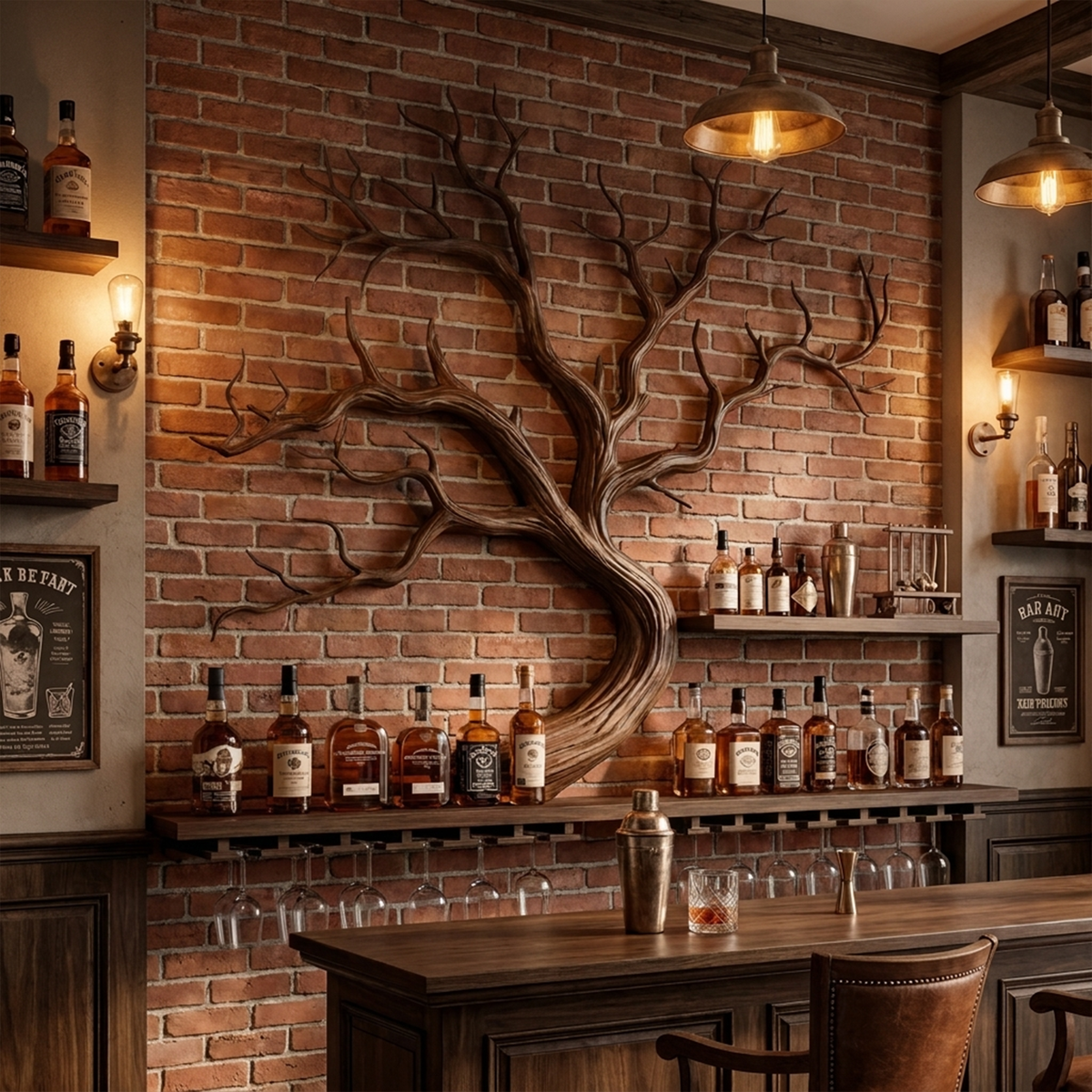 Monkey Pod Wood Tree Branch Wine Rack and Wall Shelf in Walnut finish