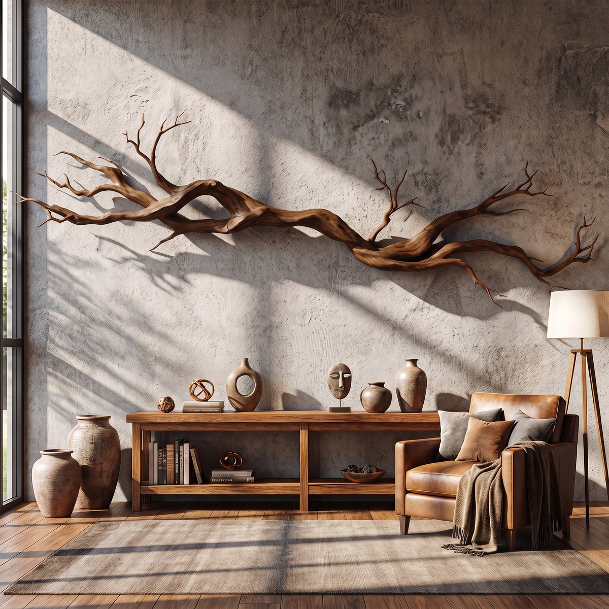 Natural Tree Root Solid Wood Wall Sculpture with Vine Form in Walnut finish
