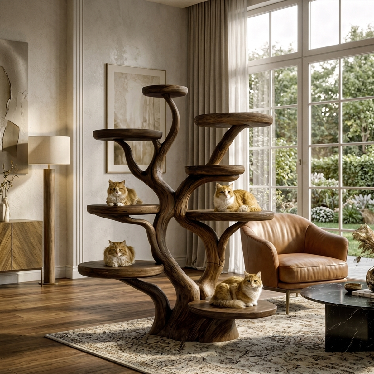 Rustic Solid Wood Cat Tree with Curved Trunk and Tiered Platforms in Walnut finish