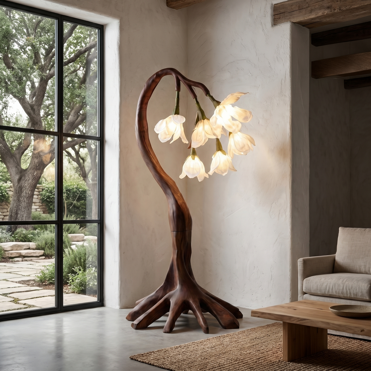 Flower Petal Floor Lamp with Sculptural Solid Wood Branch Base in Walnut finish