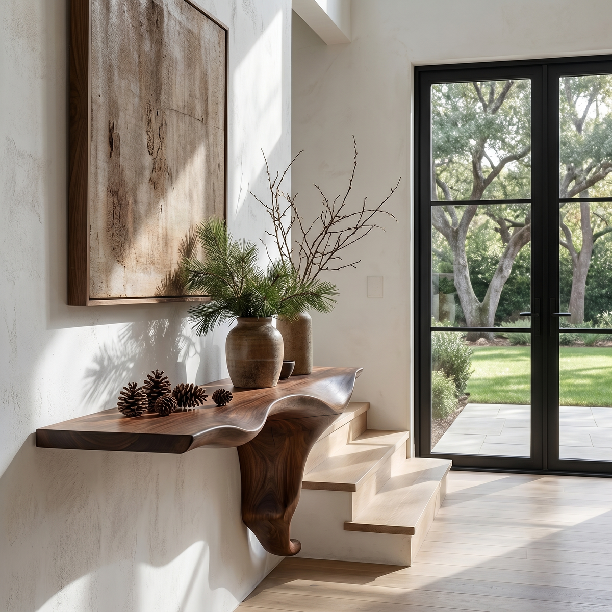 Wall Mounted Solid Wood Console Table with Tree Root Base in Walnut finish