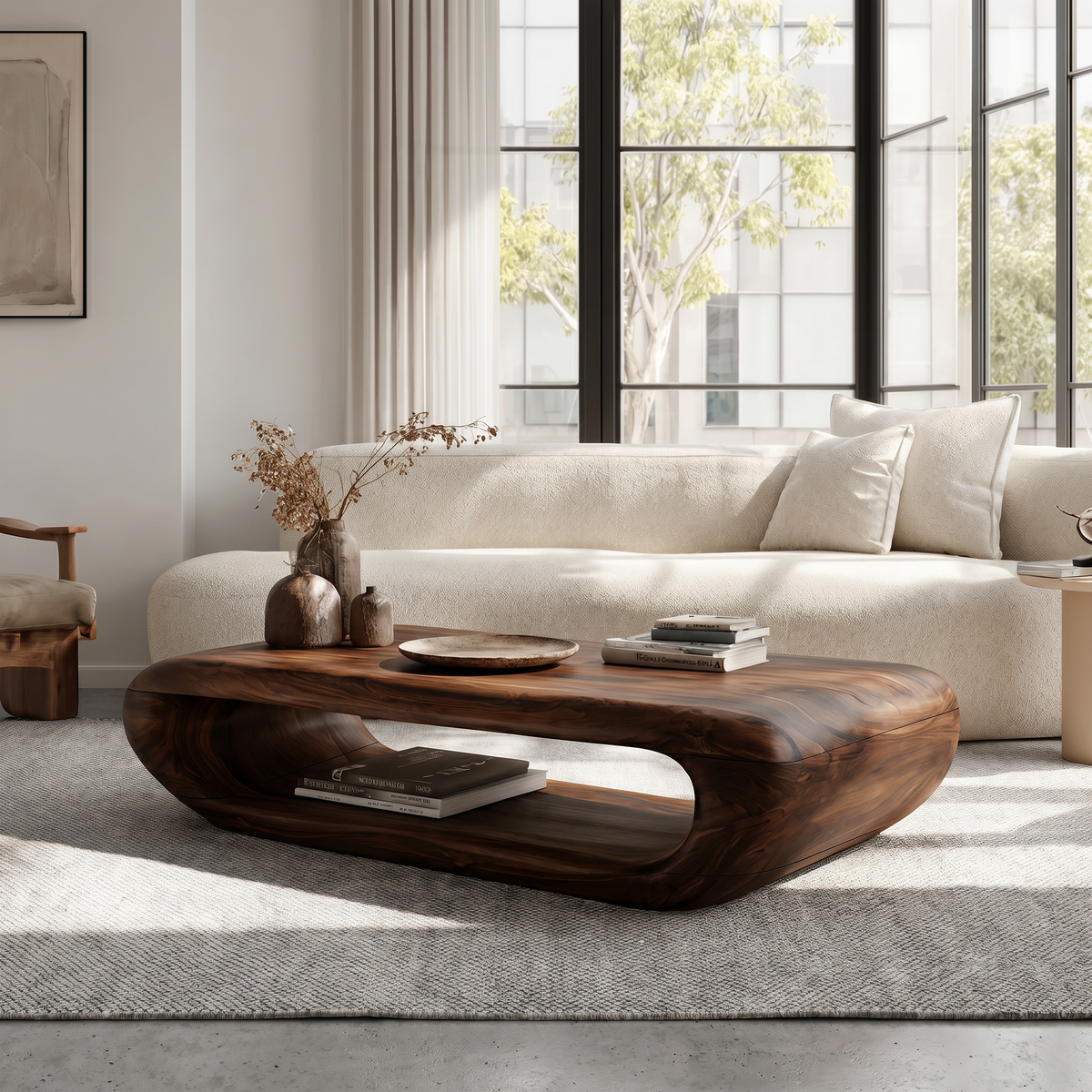 Organic Solid Wood Coffee Table with Built-In Open Storage in Walnut finish
