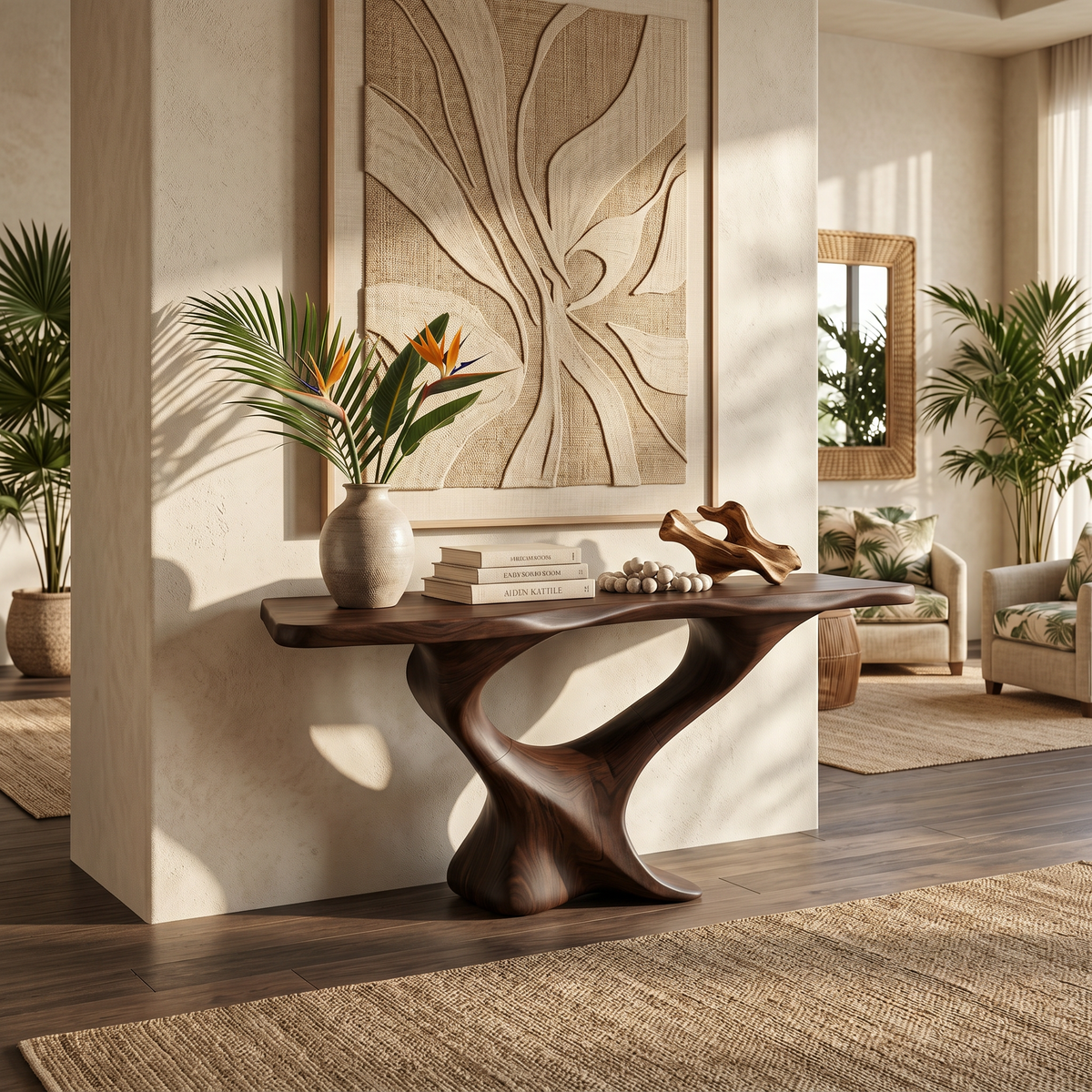 Farmhouse Solid Wood Console Table with Live Edge Details in Walnut finish