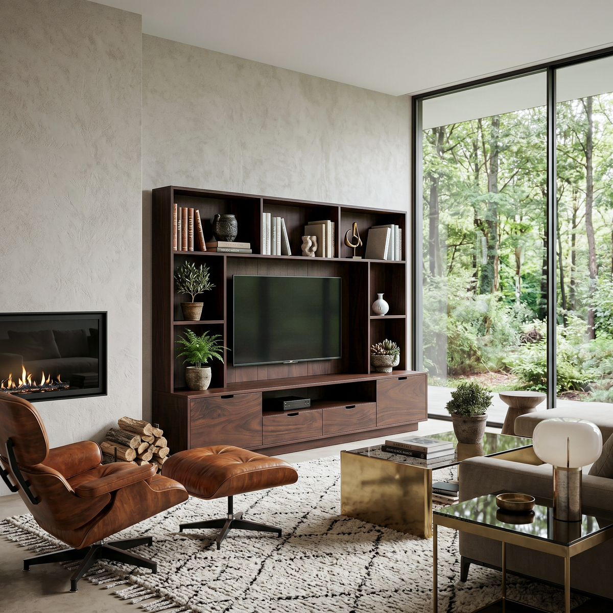 Solid Wood TV Wall Unit with LED Lit Shelves and Cabinets in Walnut finish