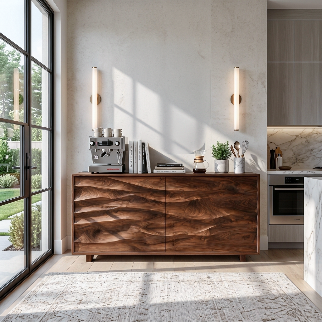 Wave Carved Solid Wood Sideboard with Sculpted Front Panels in Walnut finish