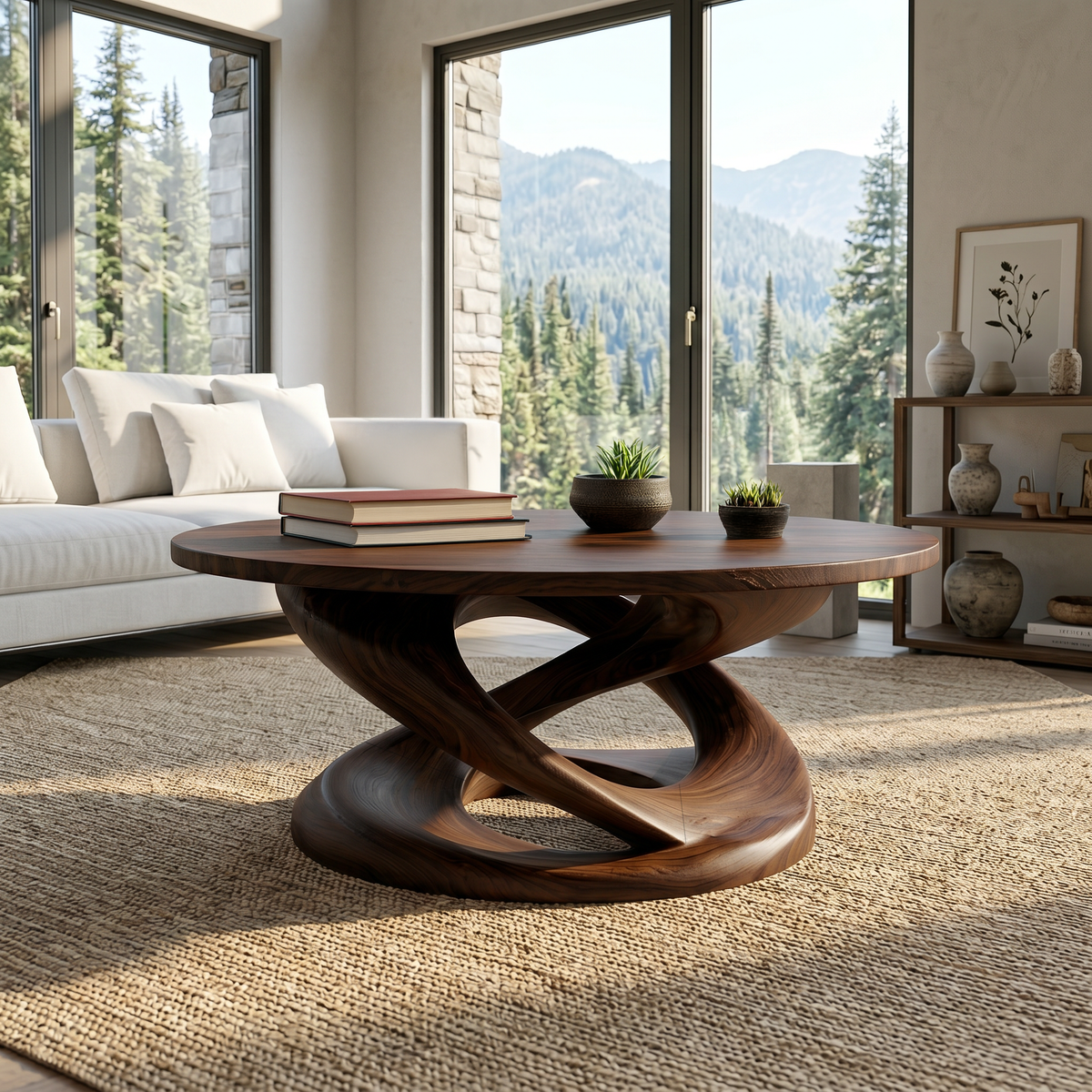 Round Solid Wood Coffee Table with Twisted Sculptural Pedestal in Walnut finish