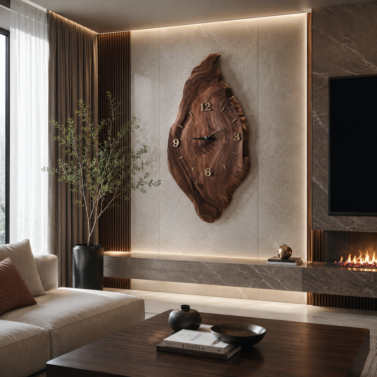 Rustic Live Edge Solid Wood Wall Clock for Bedroom Walls in Walnut finish