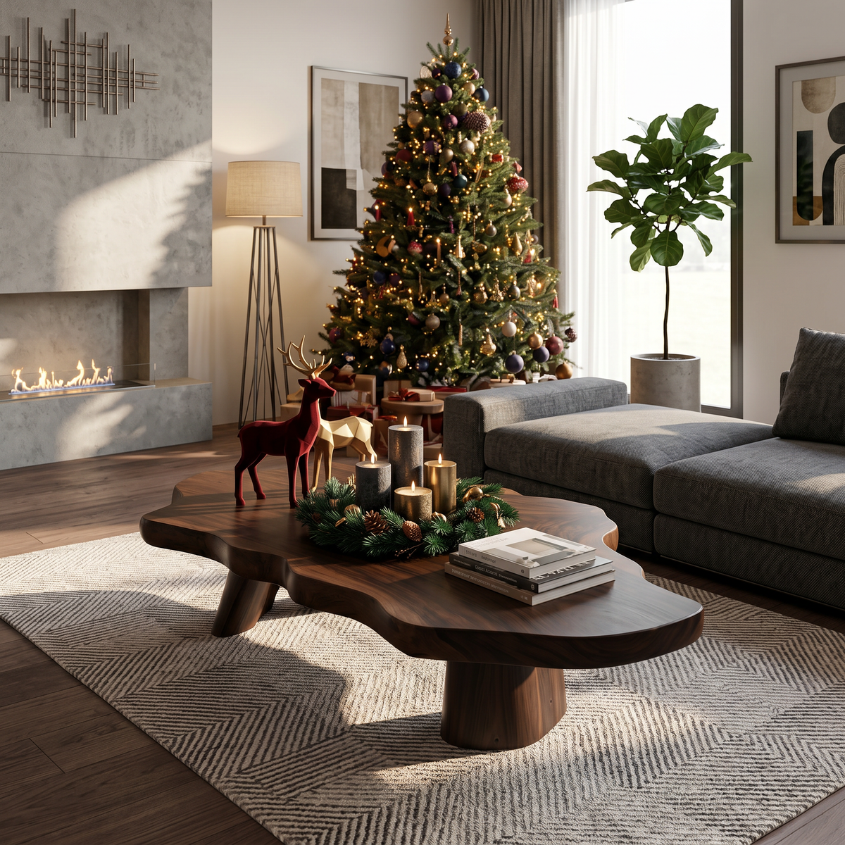 Live Edge Driftwood Coffee Table with Mid-Century Rustic Style in Walnut finish