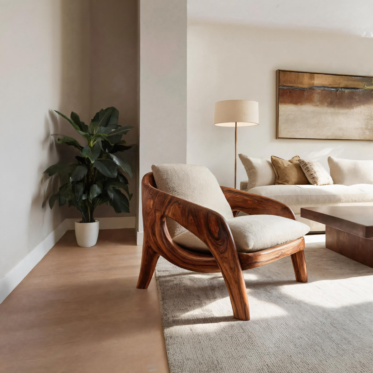 Sculptural Solid Wood Lounge Chair with Upholstered Seat in Walnut finish