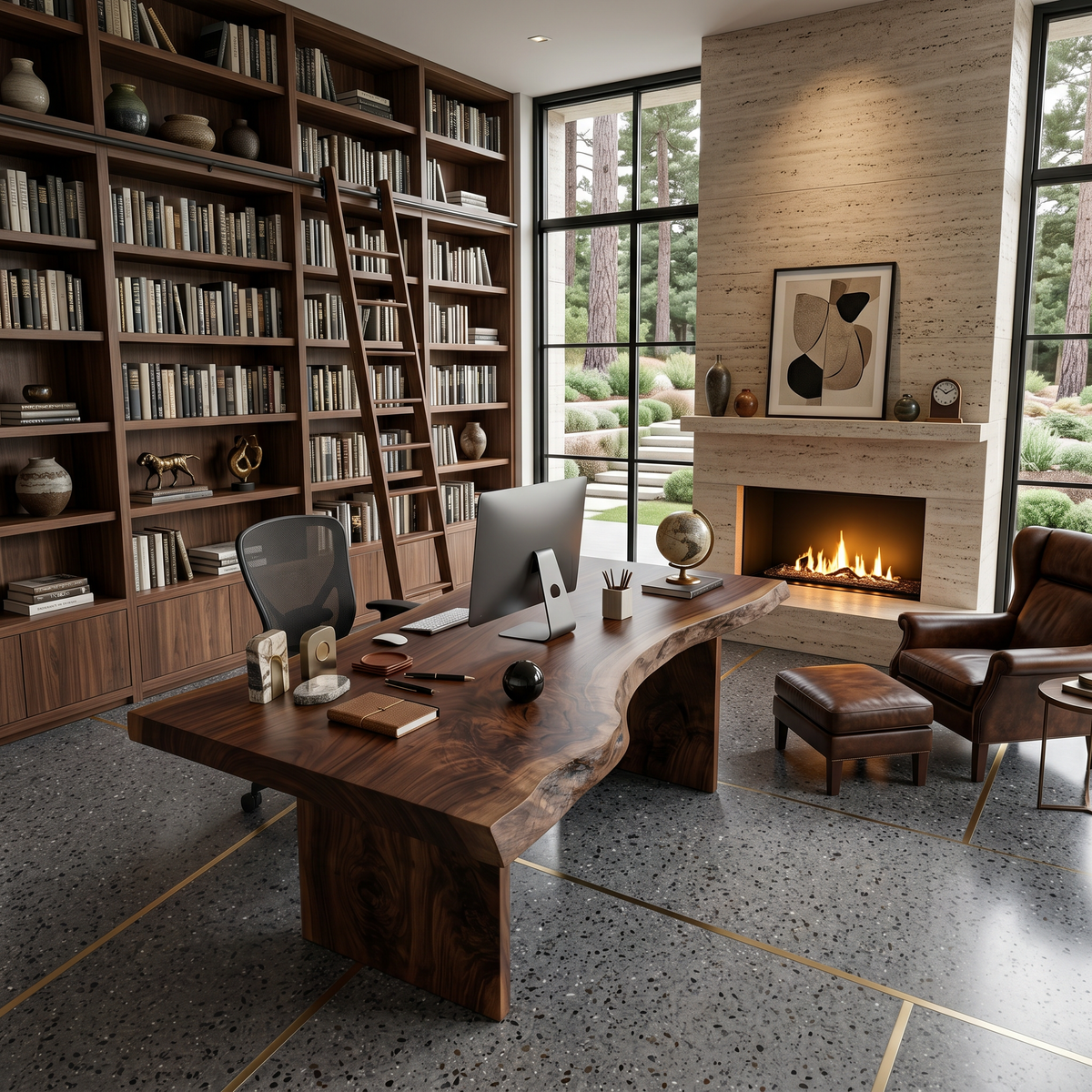 Organic Curved Live Edge Solid Wood Office Desk in Walnut finish