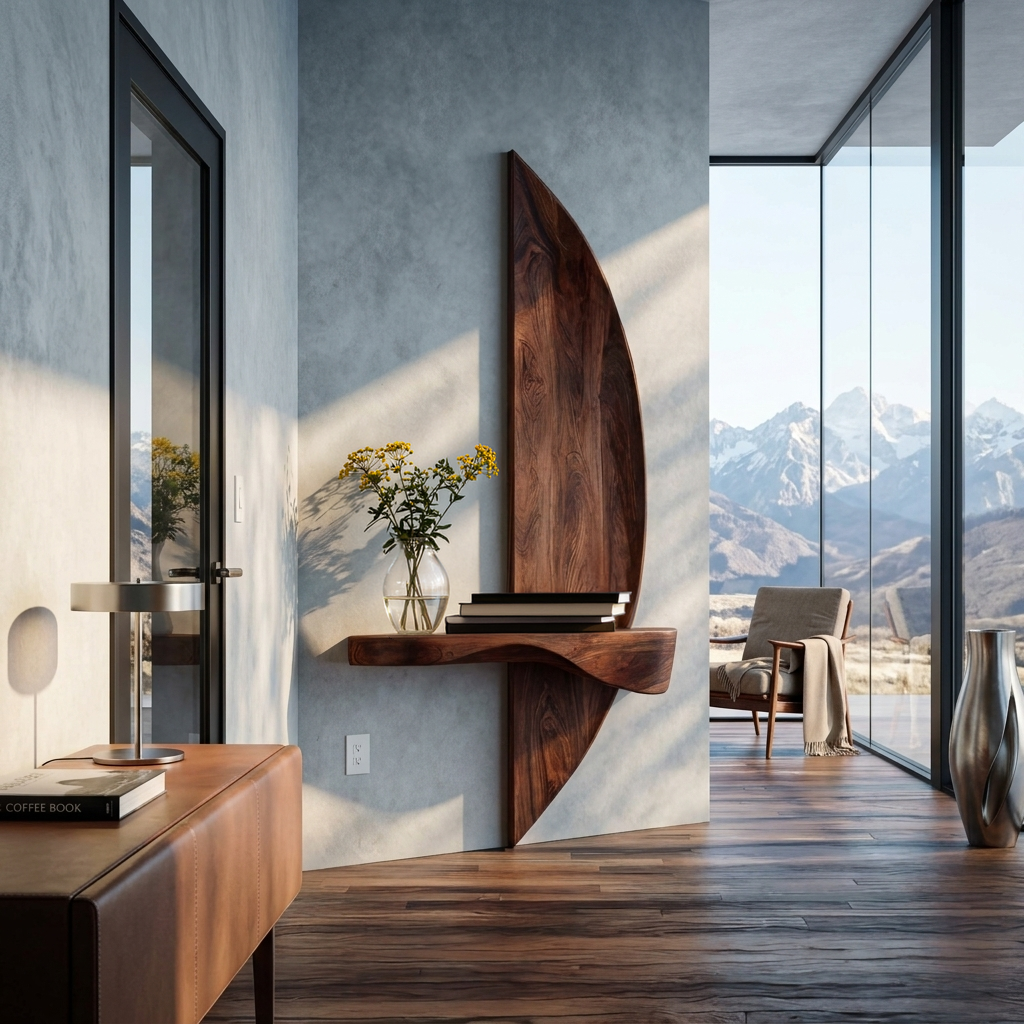 Solid Wood Sculptural Floating Wall Shelf with Arched Support in Walnut finish