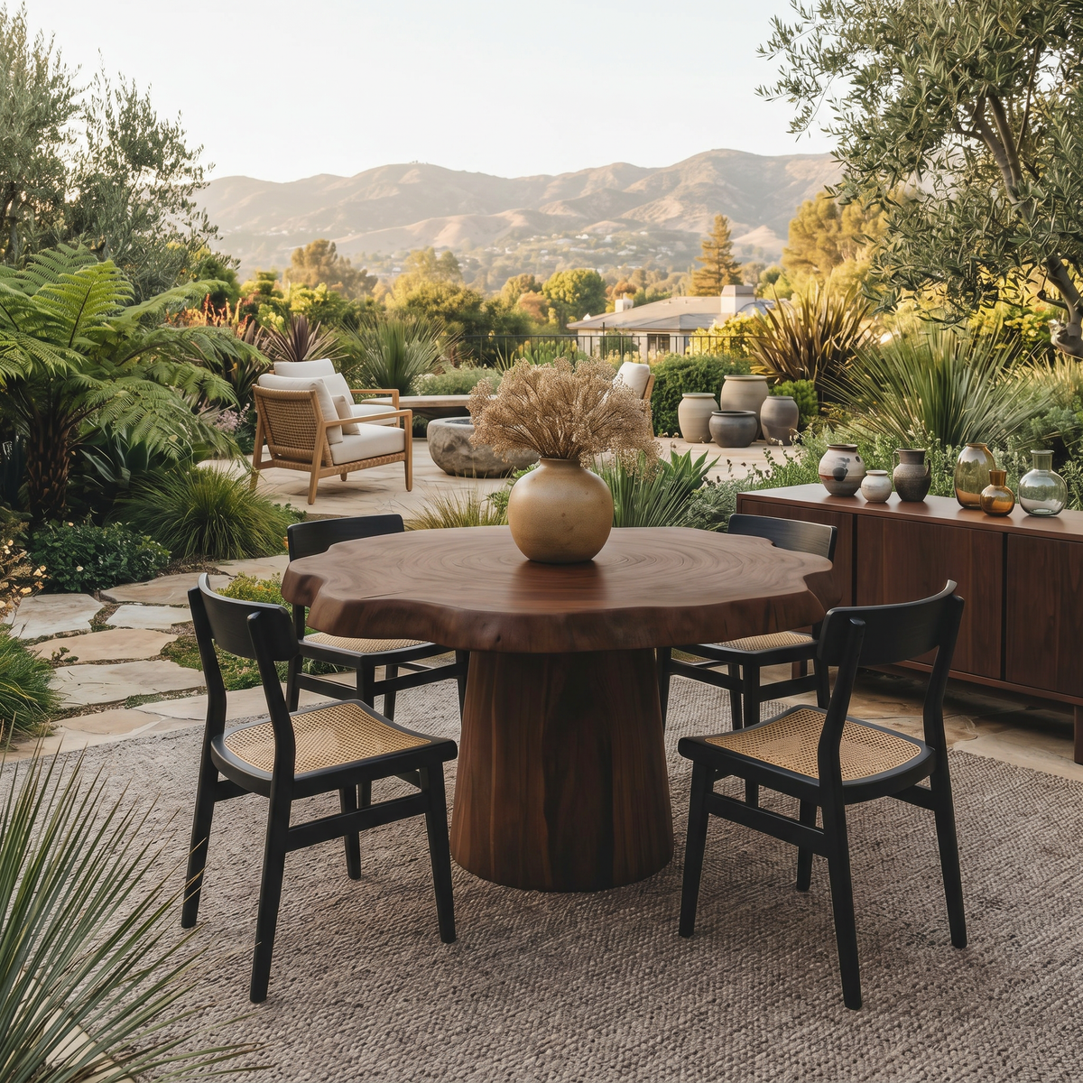 Round Solid Wood Pedestal Dining Table with Sculpted Base in Walnut finish