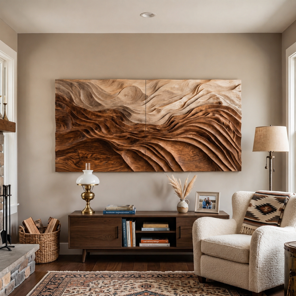 Large Sculptural Solid Wood Wall Art with Flowing Wave Design - view 4