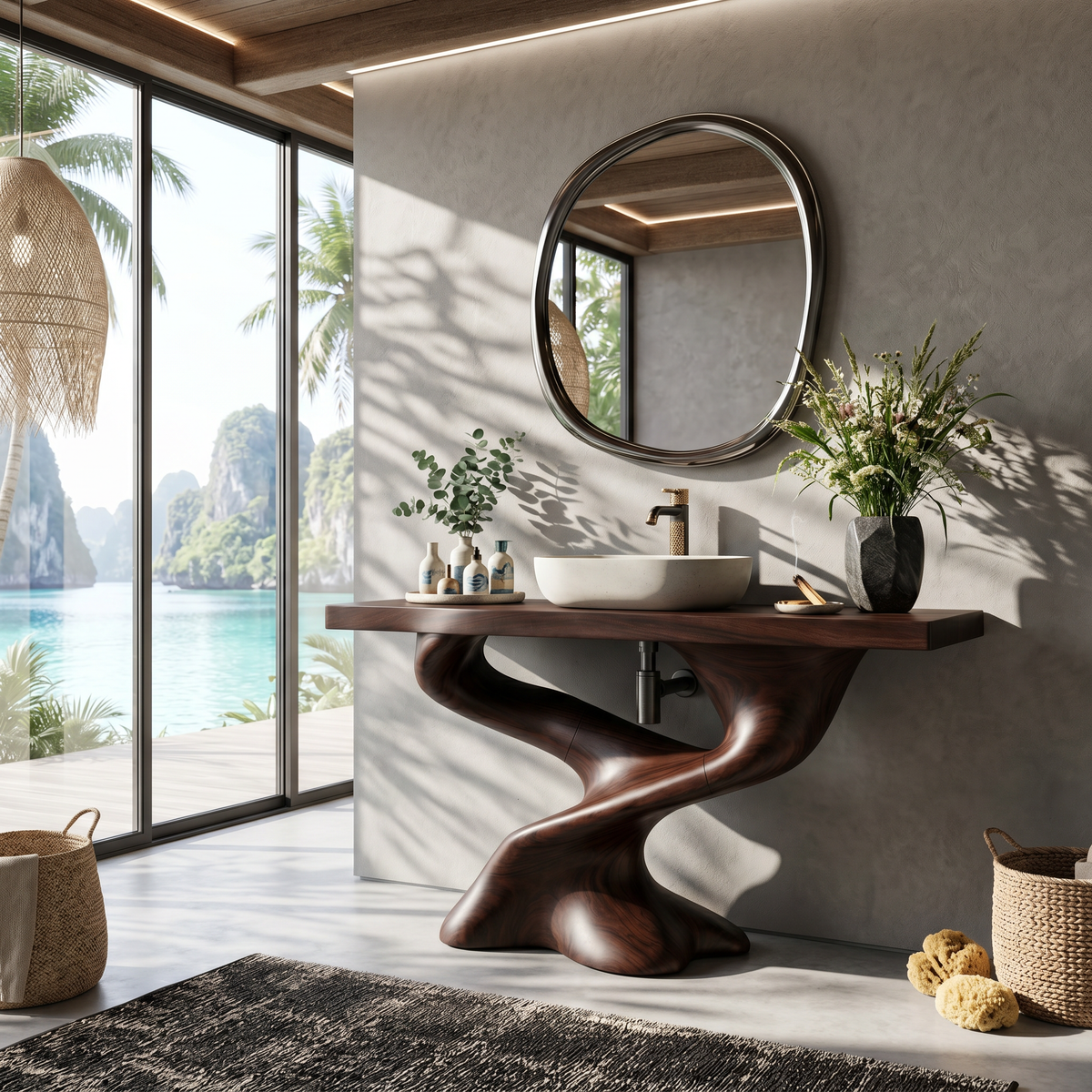 Live Edge Solid Wood Bathroom Vanity for Farmhouse or Modern Baths in Walnut finish