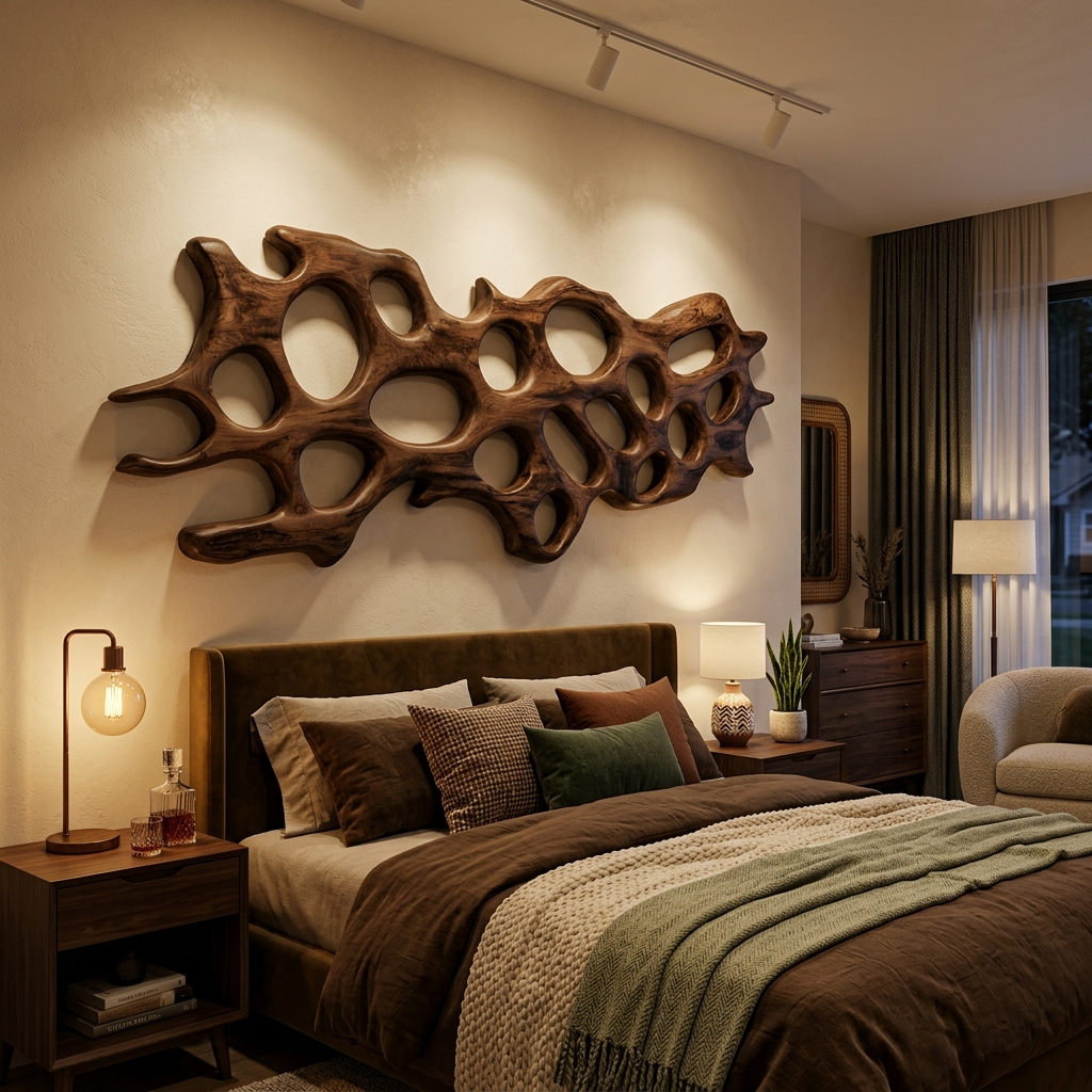 Carved Solid Wood Abstract Wall Sculpture with Organic Openings in Walnut finish