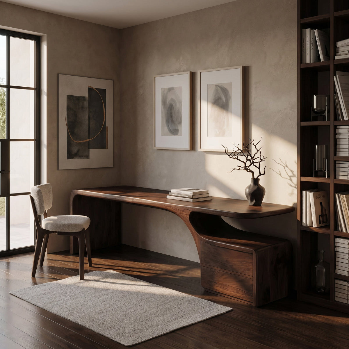 Organic Solid Wood Desk with Curved Drawer Base for Home Office in Walnut finish
