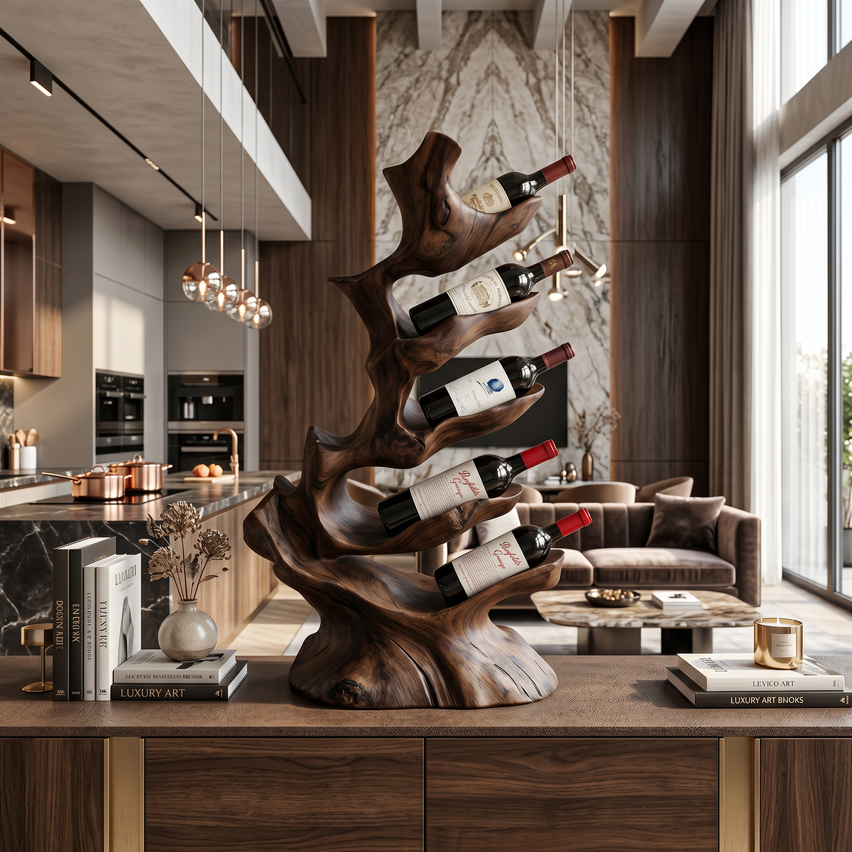 Freestanding Monkeypod Wood Wine Stand for Counter or Floor in Walnut finish