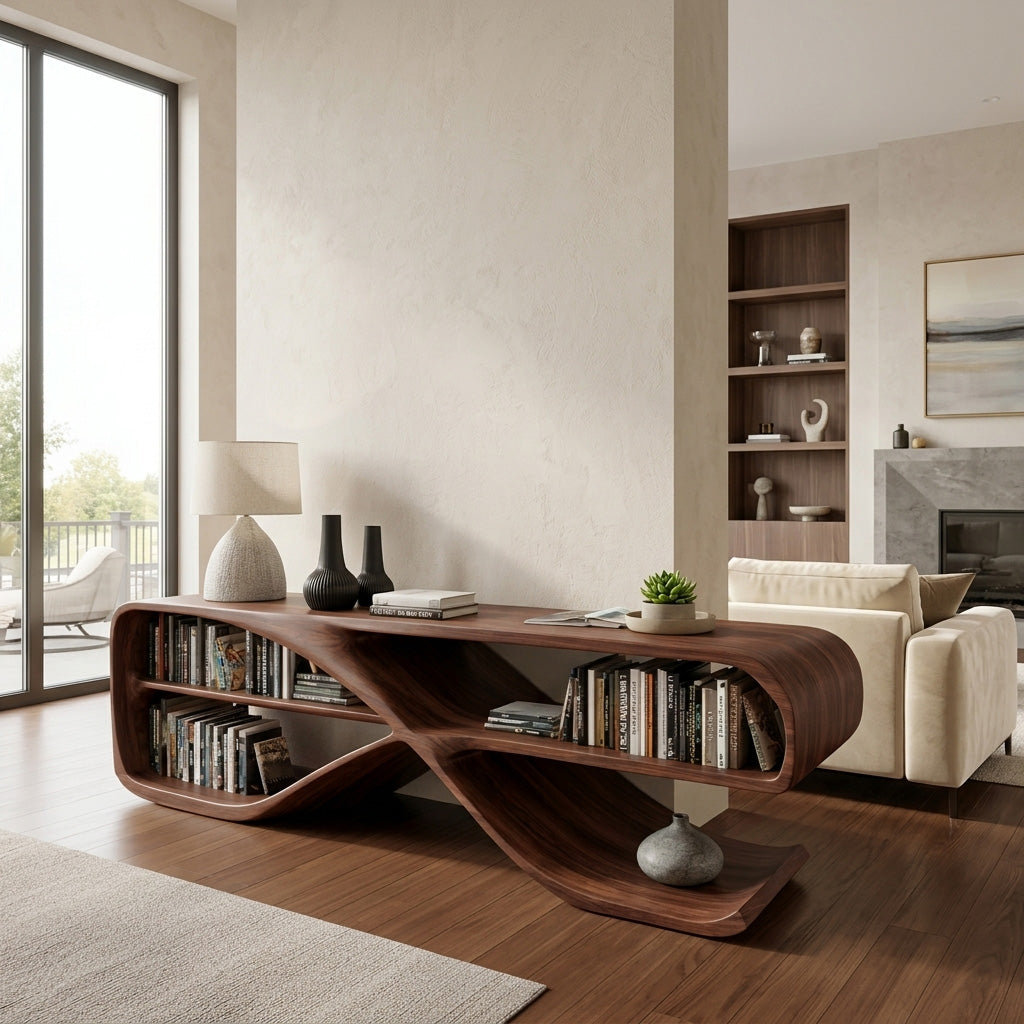Modern Organic Wave Console Table in Solid Wood with Open Shelves in Walnut finish
