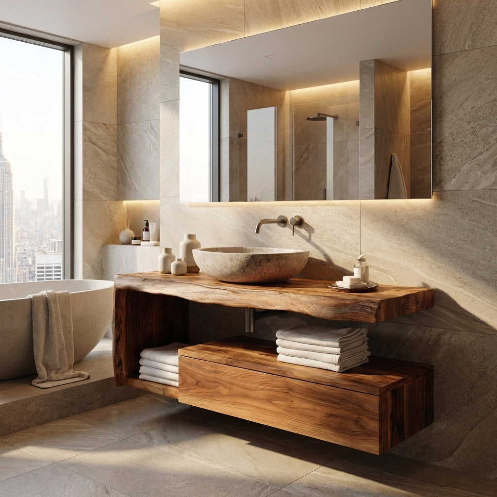 Modern Floating Solid Wood Bathroom Vanity with Drawer and Shelf