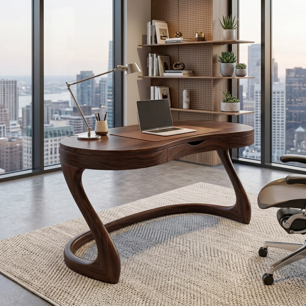 Sculpted Solid Wood Desk with Drawers for Minimalist Home Office in Walnut finish