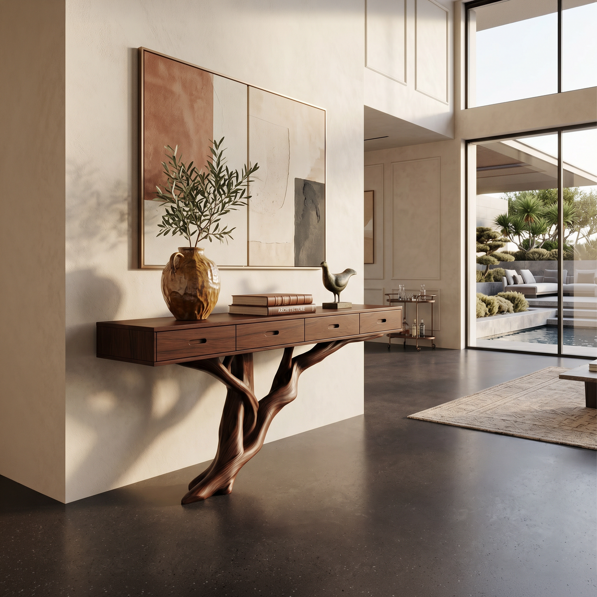 Mid-Century Solid Wood Console Table with Organic Live Edges in Walnut finish