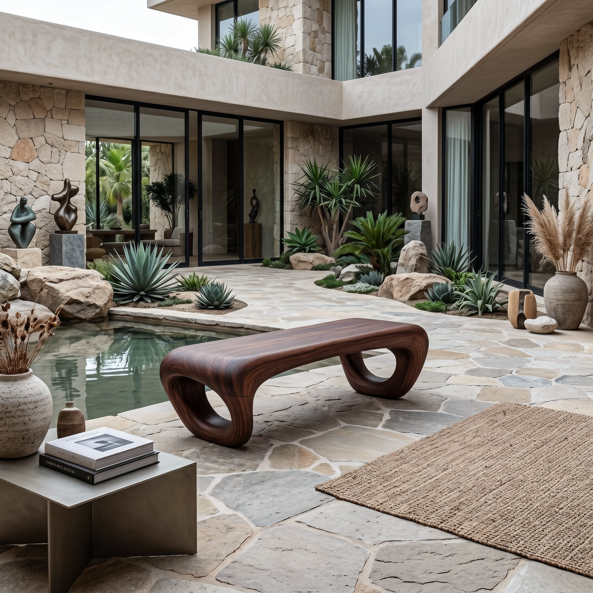 Solid Wood Sculptural Outdoor Bench with Hollow Curved Form in Walnut finish
